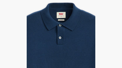 Close-up of blue Levi's Men's sweater knit polo collar