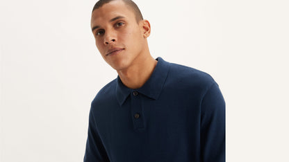 Close-up of man in blue Levi's Men's sweater knit polo