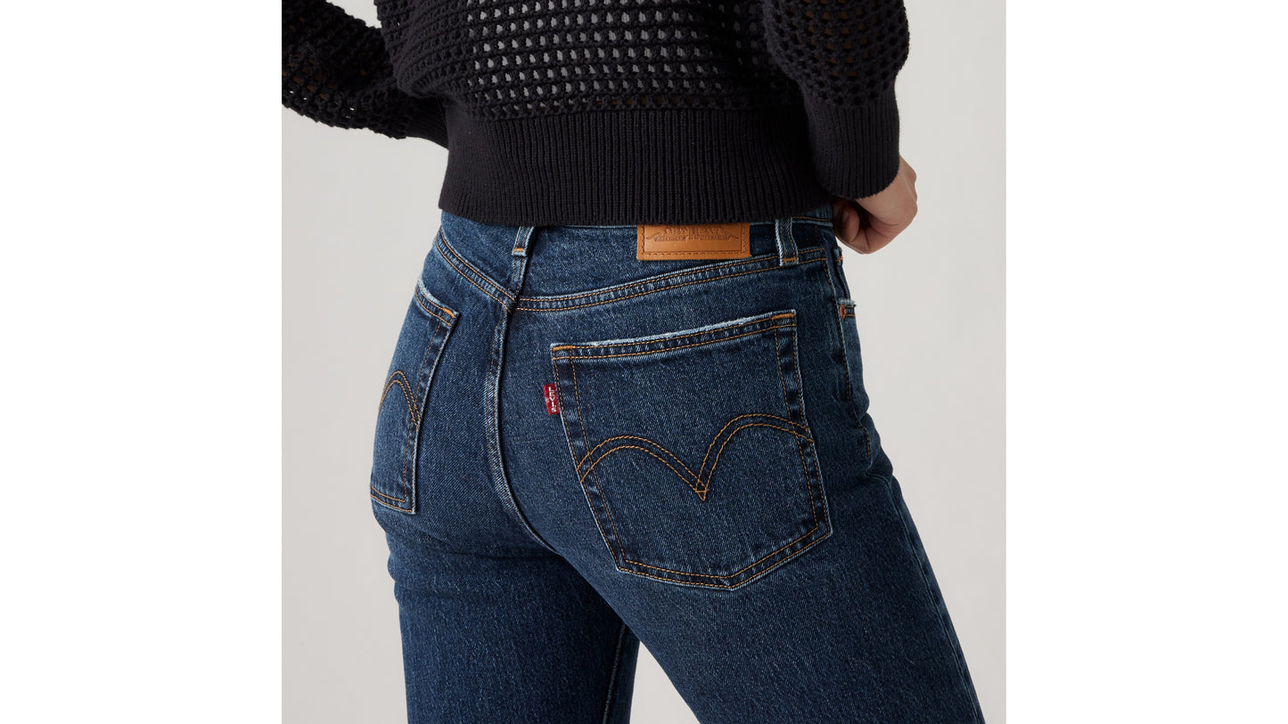 Close-up of Levi's dark blue denim jeans with back pockets
