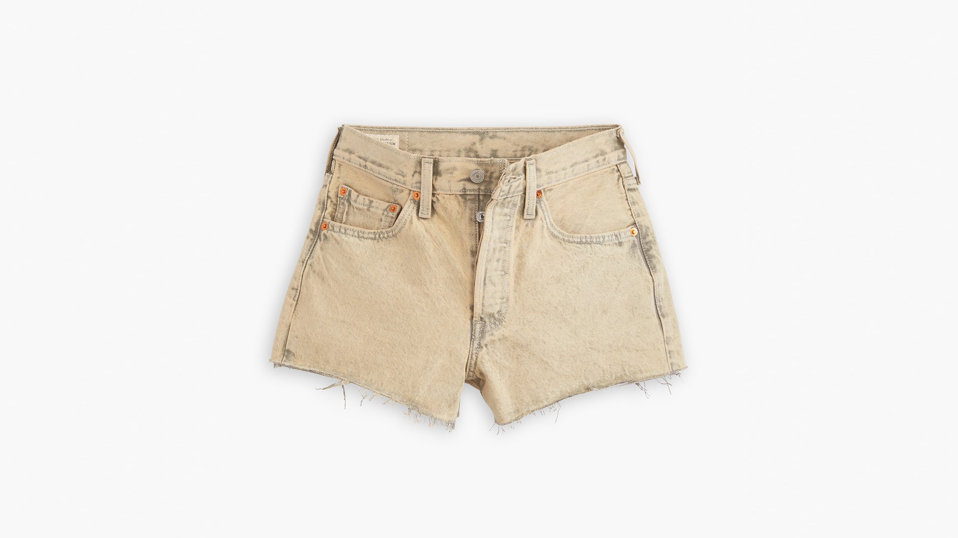 Beige distressed denim shorts with raw hem