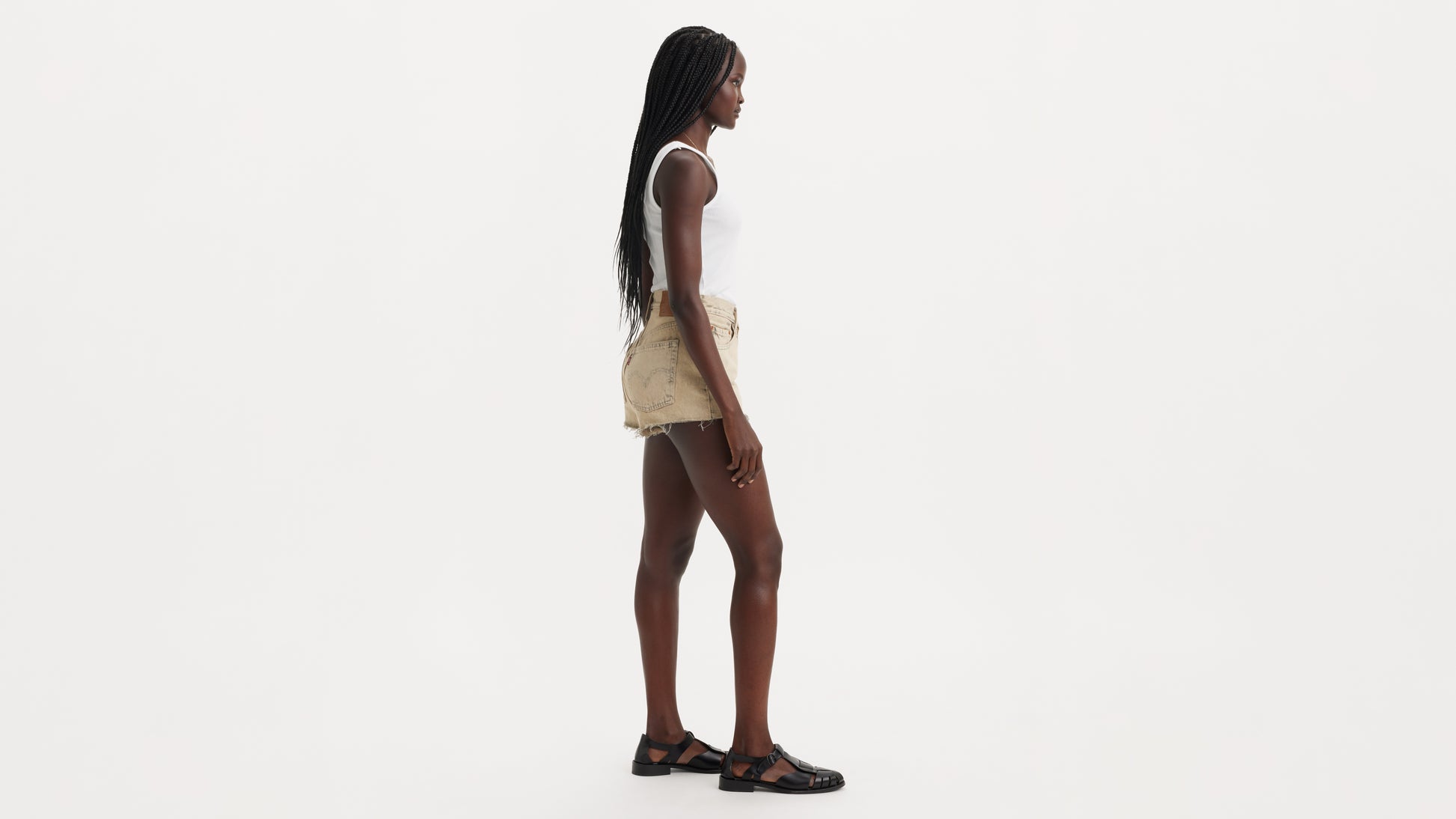 Side view khaki denim shorts with raw hem