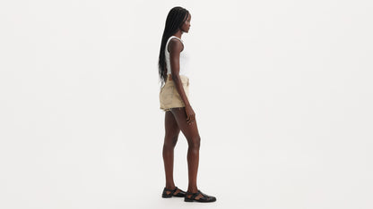 Side view khaki denim shorts with raw hem