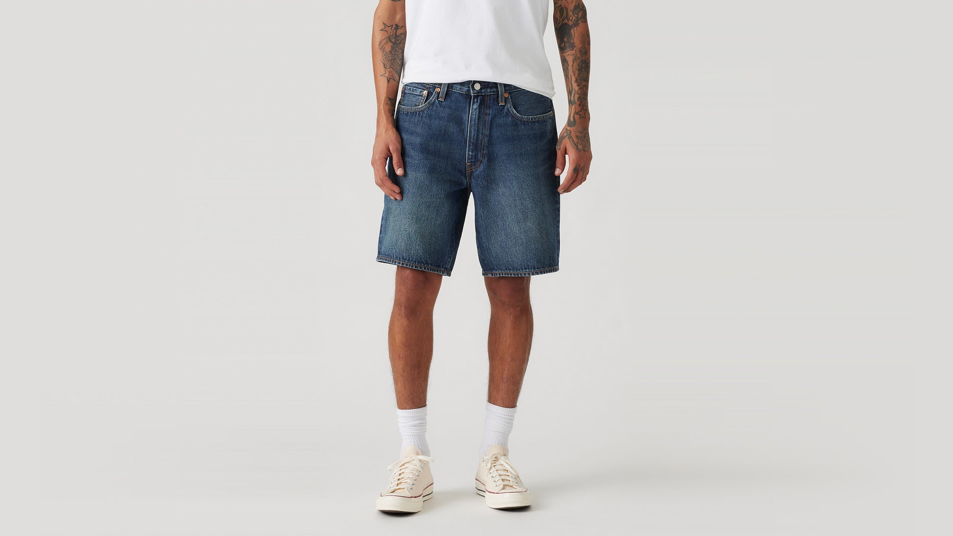 Levi's men's denim shorts with white sneakers