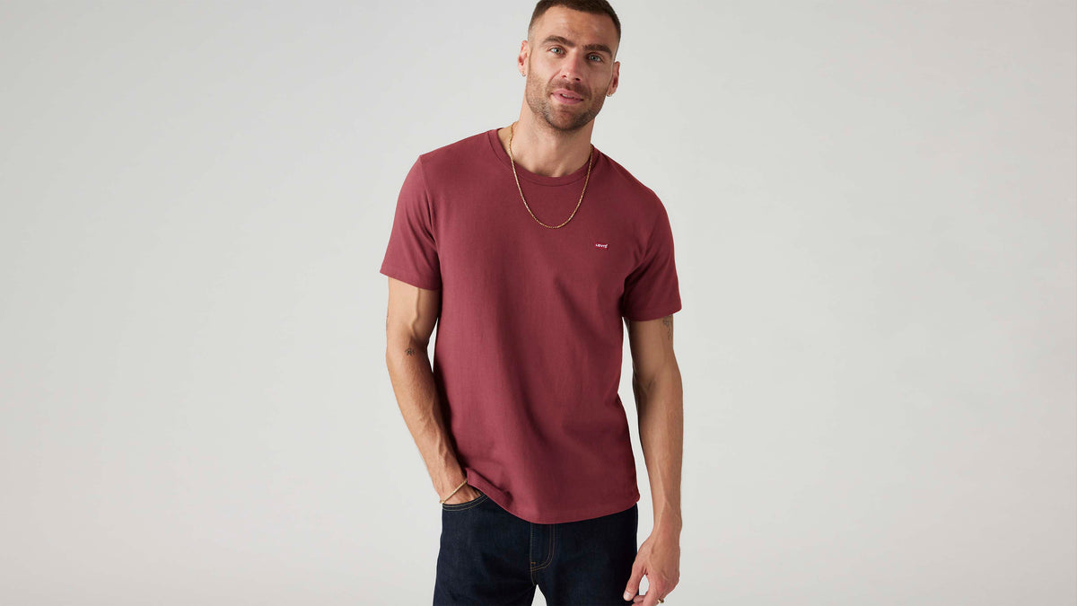 Man in Levi's maroon t-shirt with red tab logo
