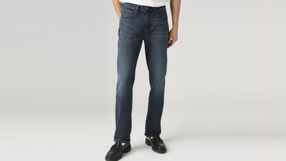 Close-up front view of dark blue Levi’s 514 straight-fit jeans paired with black loafers