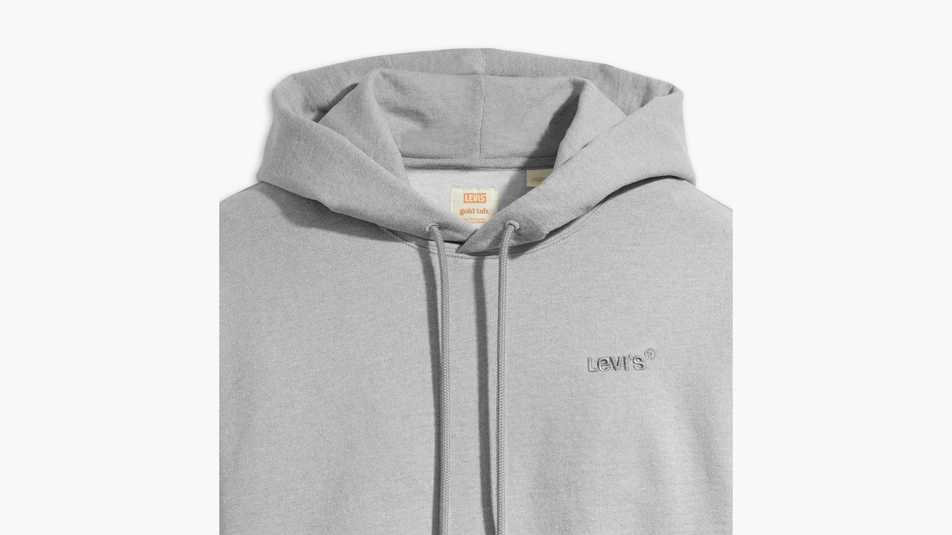 Close-up of grey Levi’s Men's hoodie with drawstrings & embroidered logo