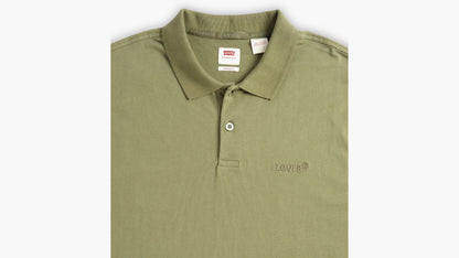 Close-up of olive Levi's polo collar and buttons