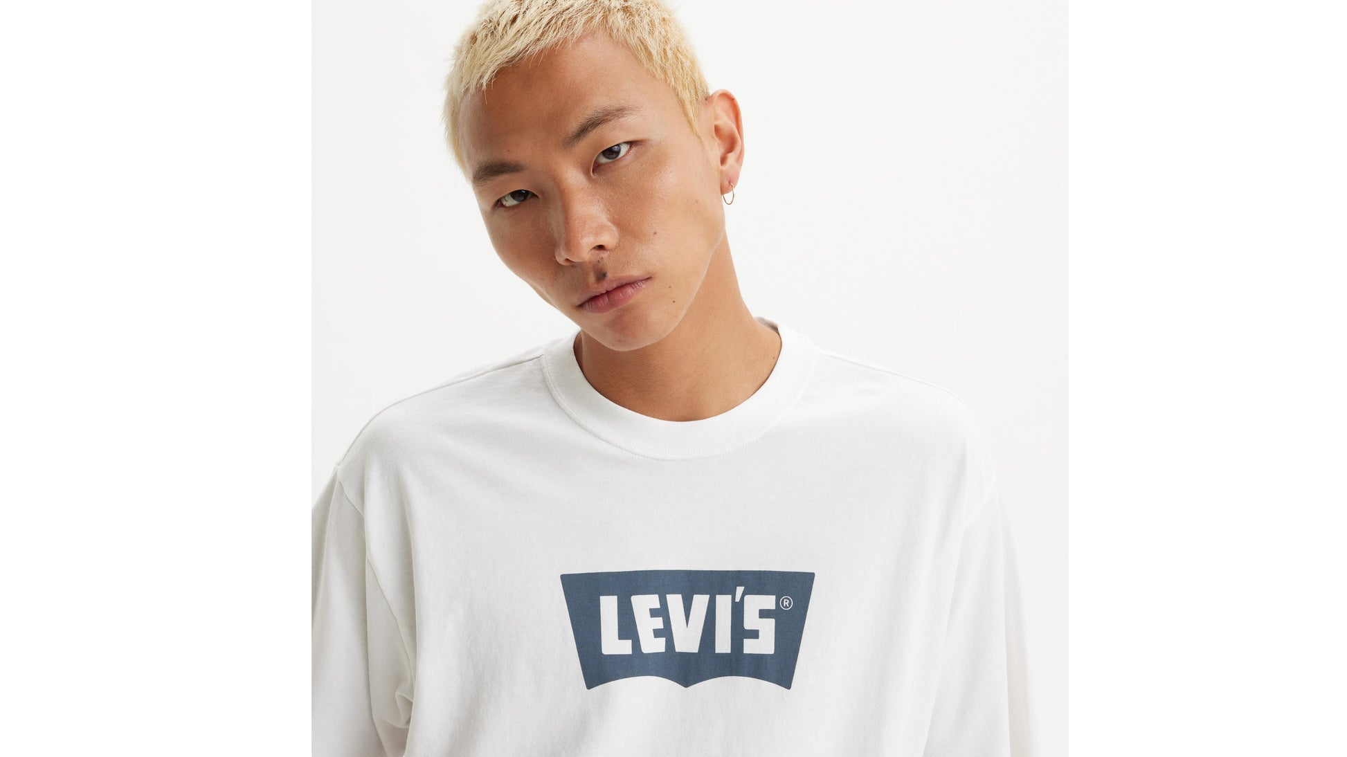 Upper body view of model in Levi's white Vintage Batwing tee with navy graphic