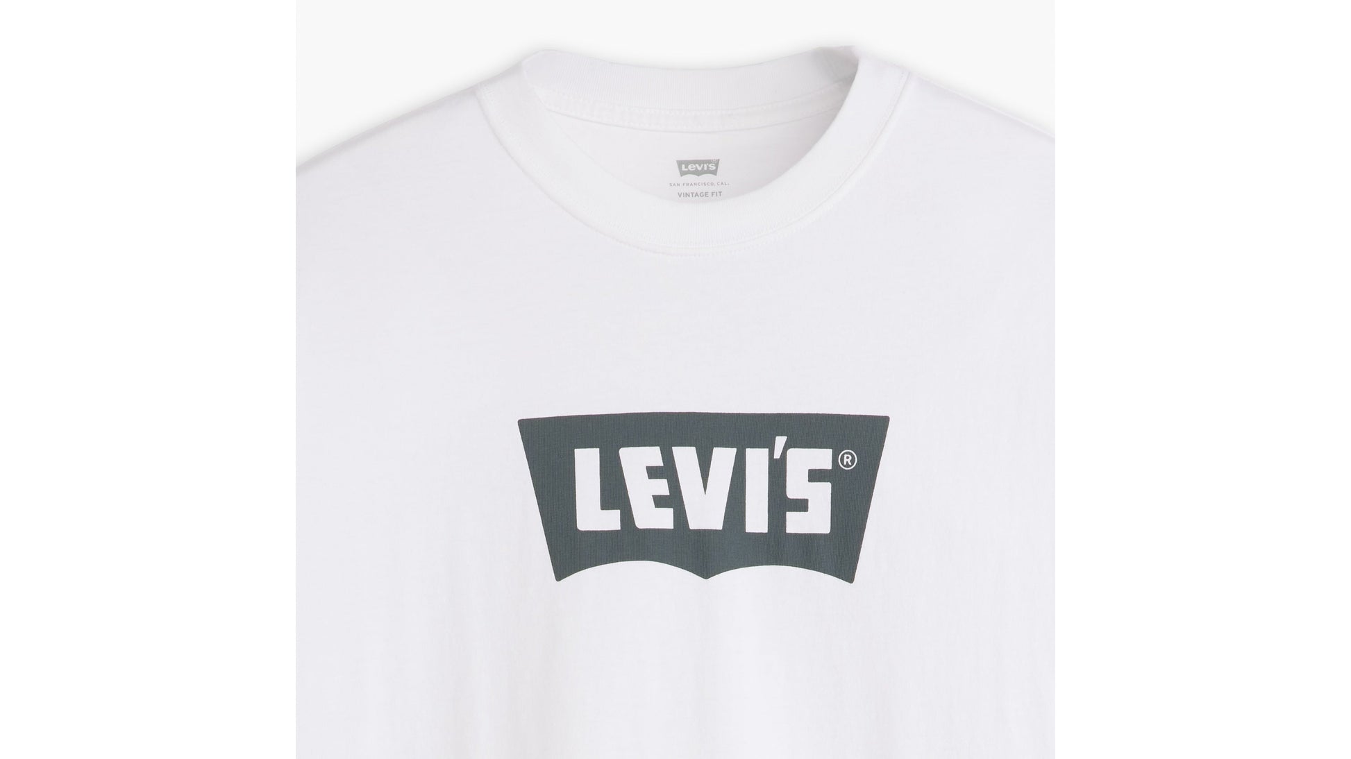 Close-up of Levi's Men's Vintage Batwing T-Shirt logo on white cotton