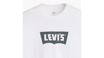 Close-up of Levi's Men's Vintage Batwing T-Shirt logo on white cotton
