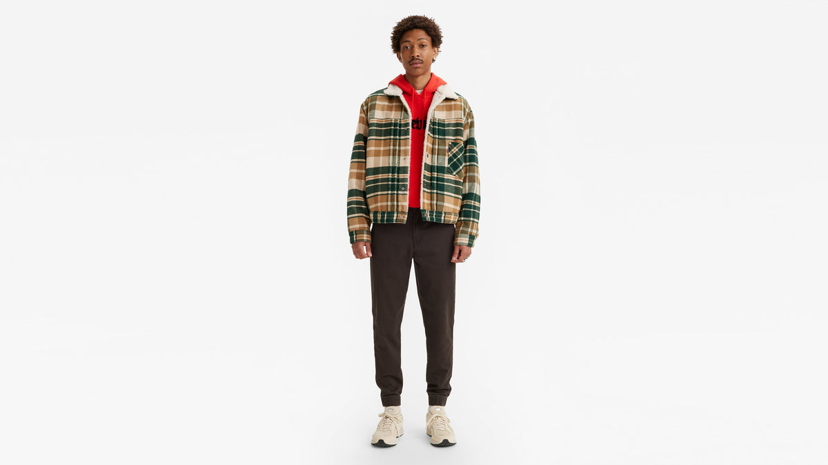 Man in Levi's Caviar joggers, red hoodie and plaid sherpa jacket, front view