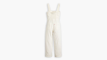 Back of white Levi’s jumpsuit with shirred panel
