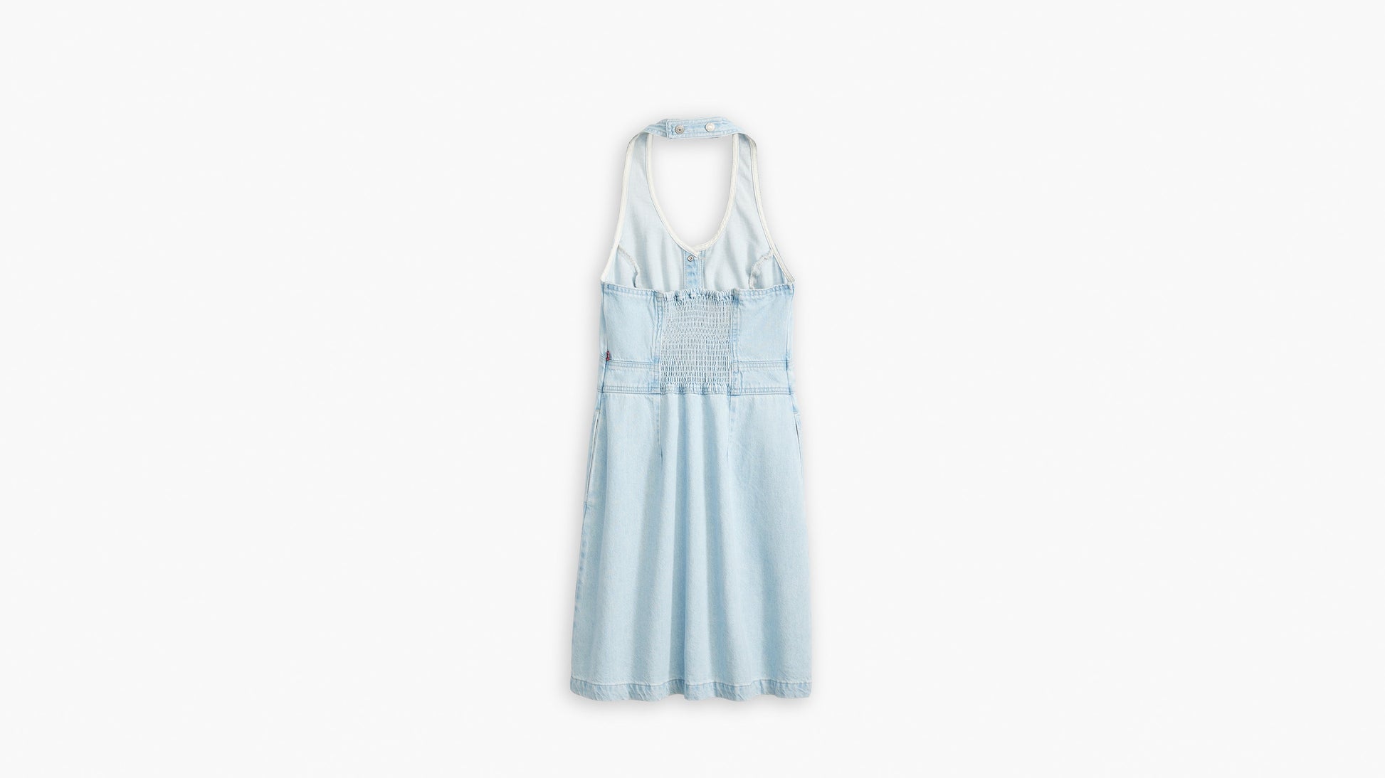 Back view of Levi’s halter mini dress in light blue denim