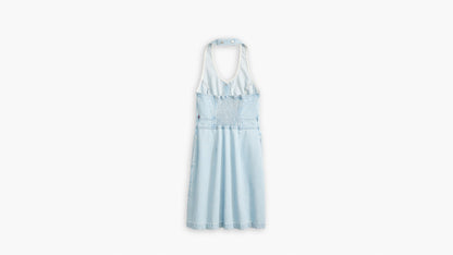 Back view of Levi’s halter mini dress in light blue denim