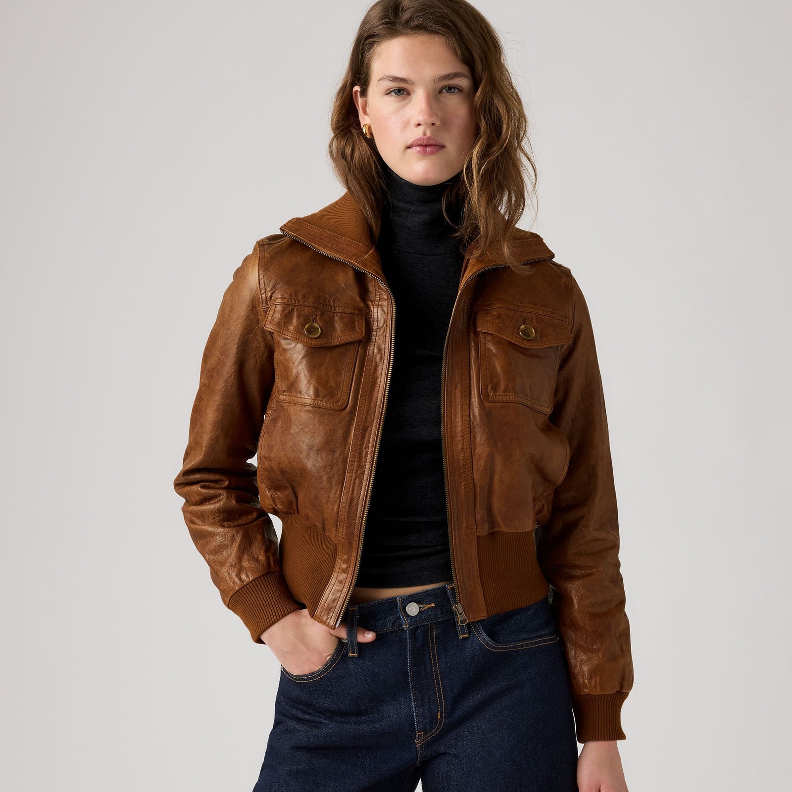 Main 1 - Levi's® Women's Kira Shrunken Leather Bomber Jacket - 007U60000