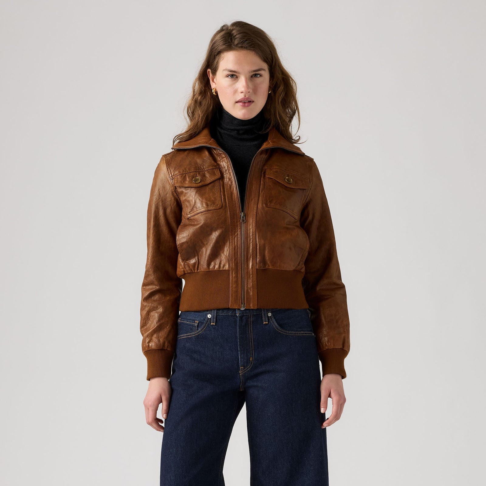 Main 3 - Levi's® Women's Kira Shrunken Leather Bomber Jacket - 007U60000