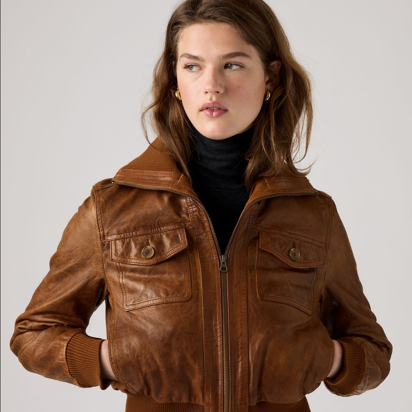 Main 4 - Levi's® Women's Kira Shrunken Leather Bomber Jacket - 007U60000