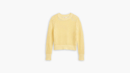 Front view of yellow crochet sweater