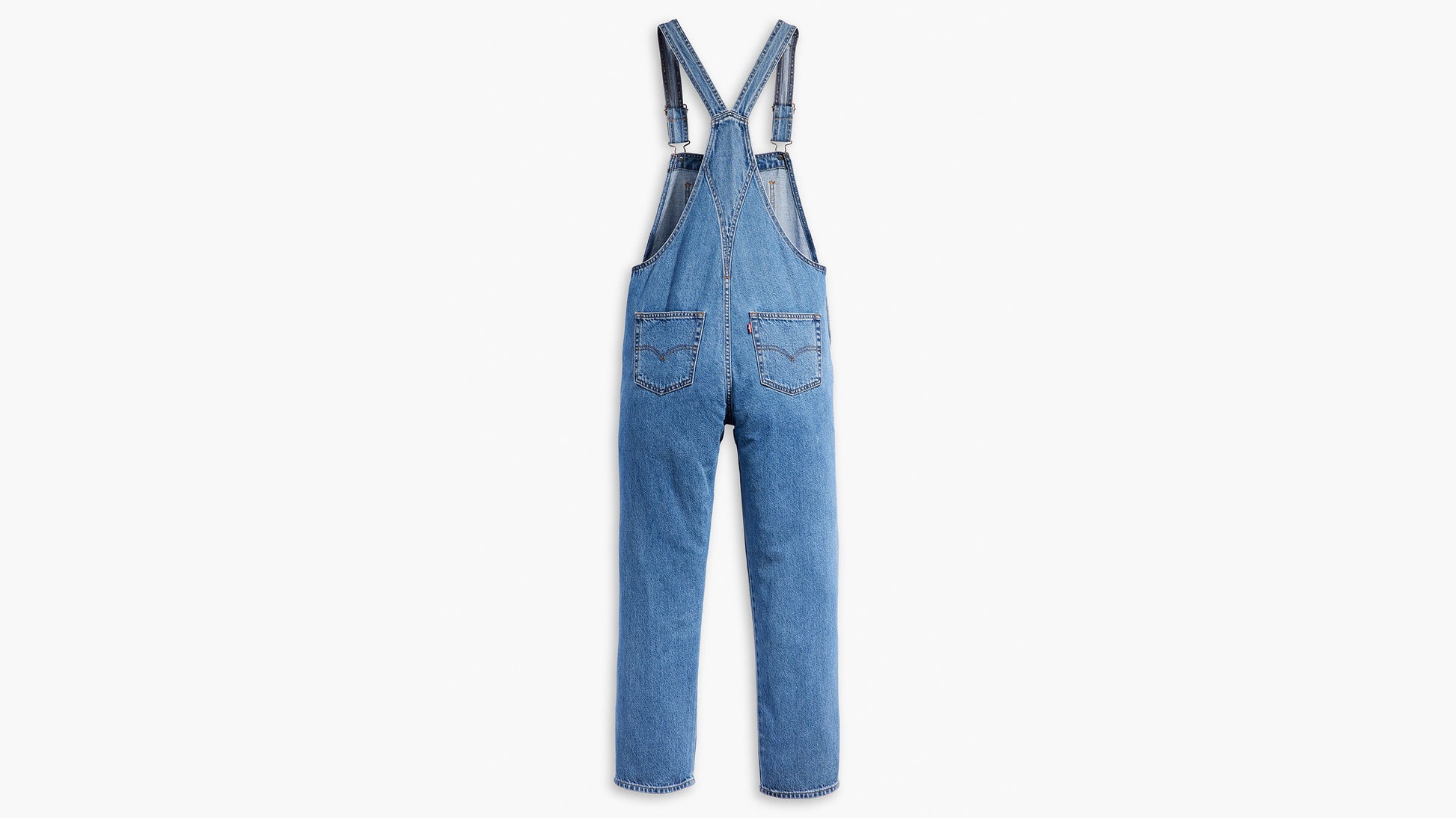Back view of Levi’s denim overalls with patch pockets