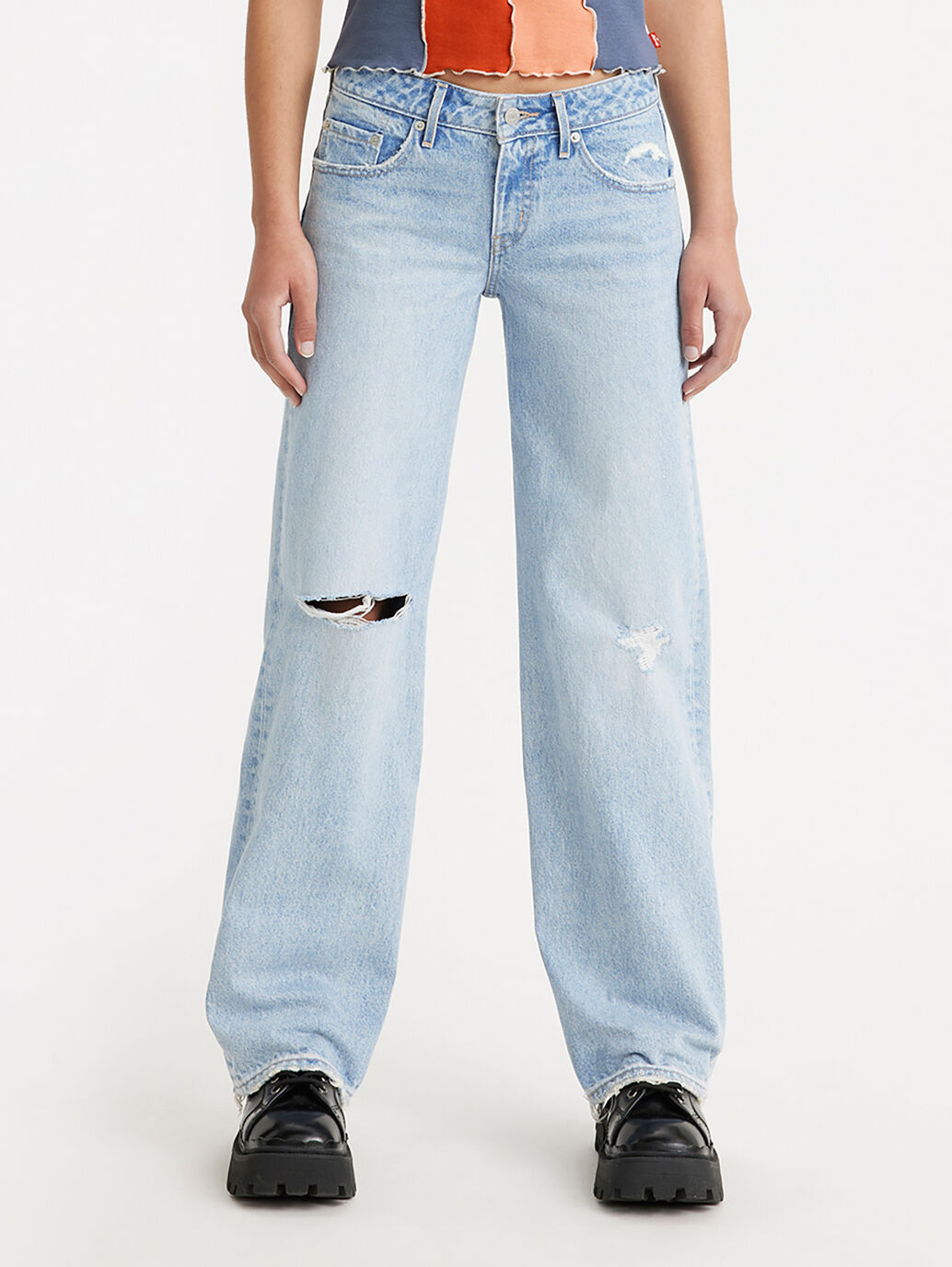 Medium Blue Low Loose Jeans For Women - Non-Stretch Denim