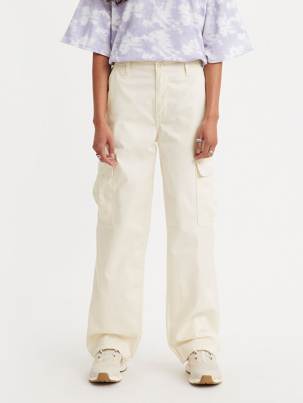 Neutral Baggy Cargo Pants for Women - High-Waisted Fit