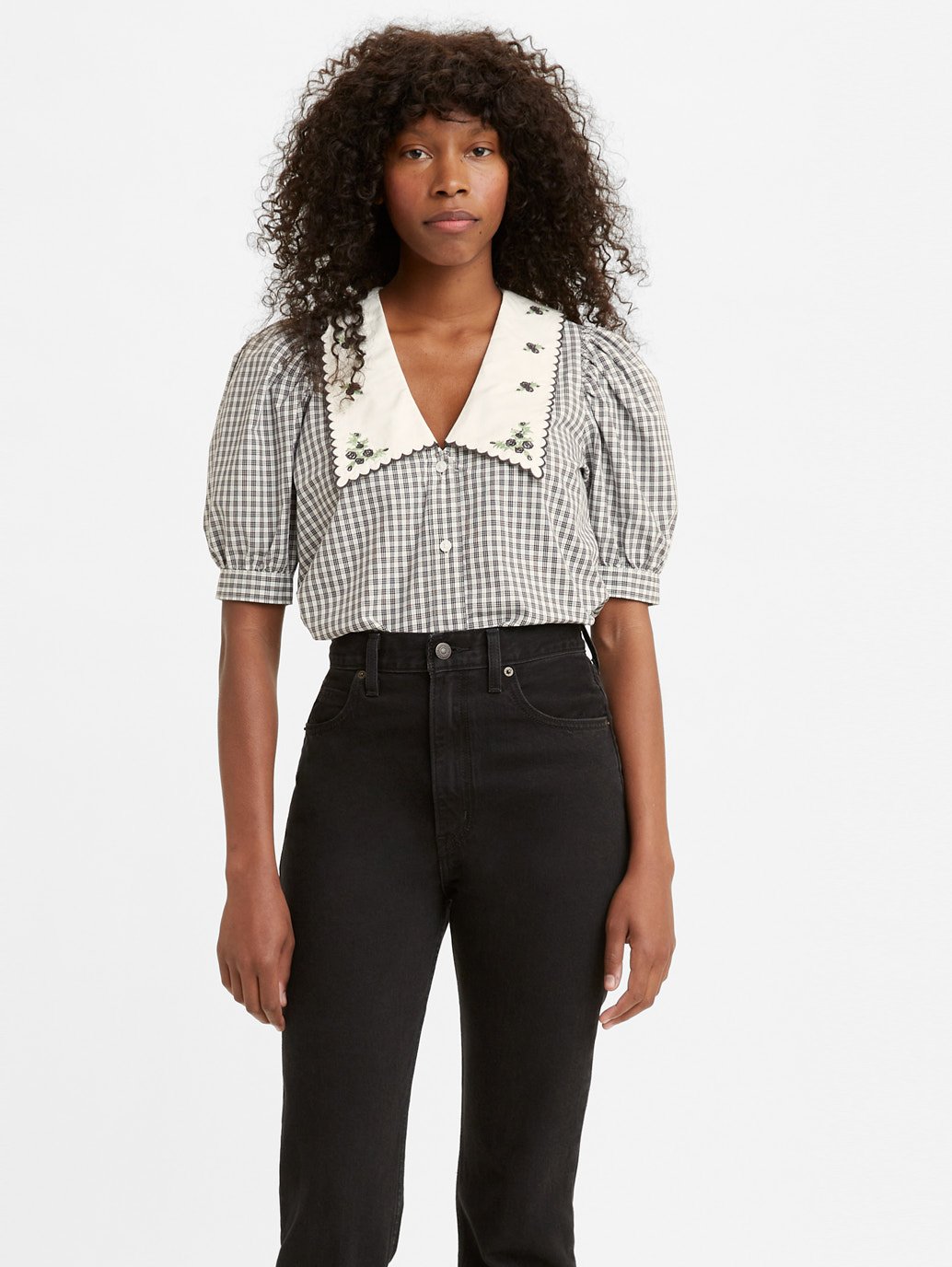 Royce Short Sleeve Collar Blouse in Renee Plaid Cloud Dancer